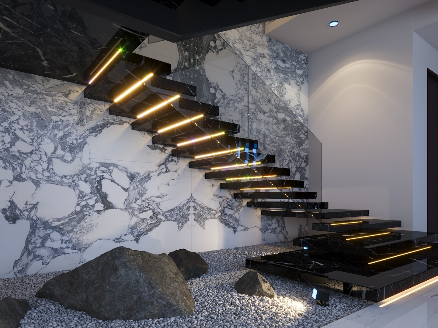 Modern black marble staircase design in a contemporary villa in Saudi Arabia, near Riyadh