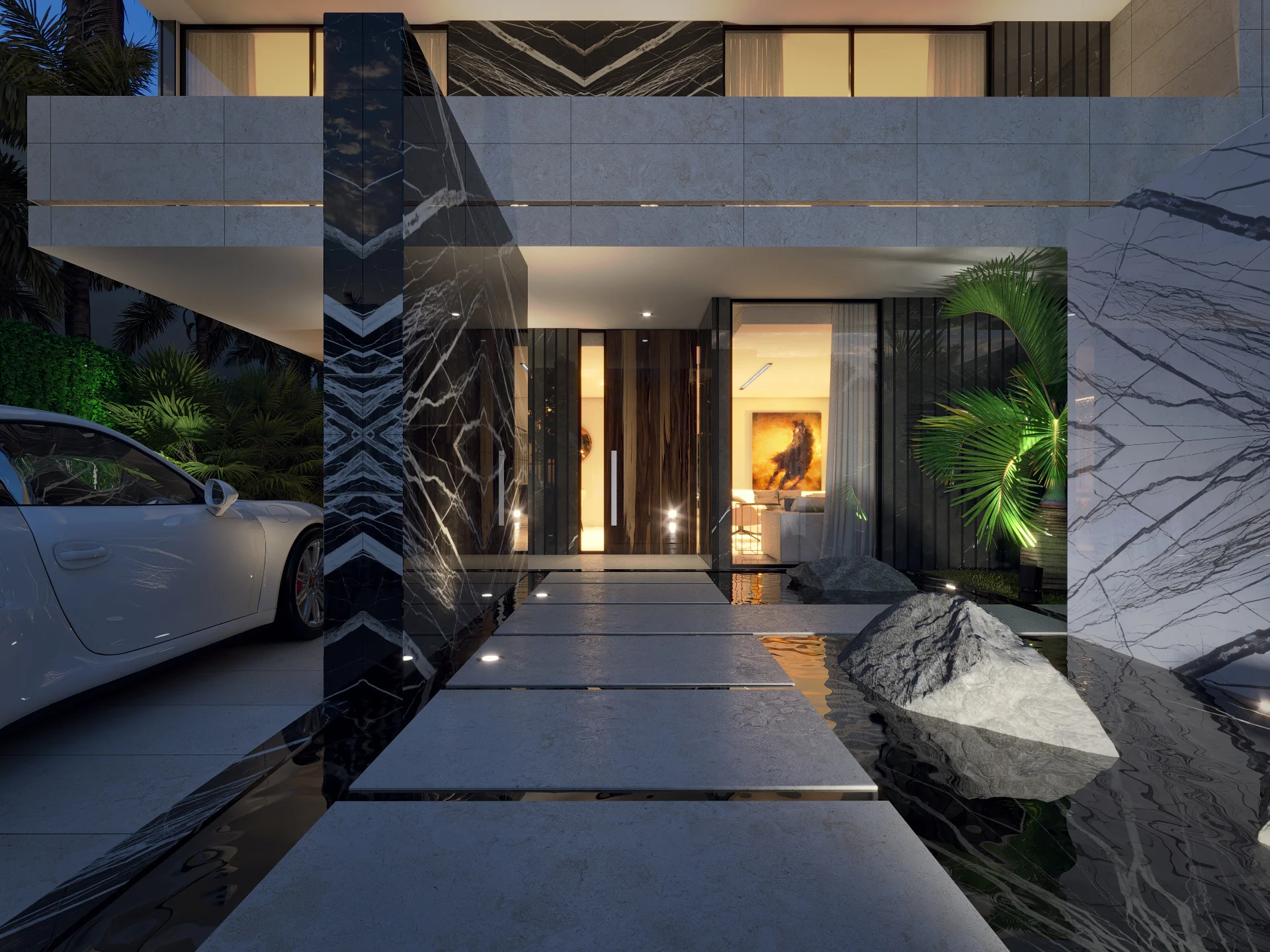 Luxury twin villa design in Saudi Arabia Entrance Night