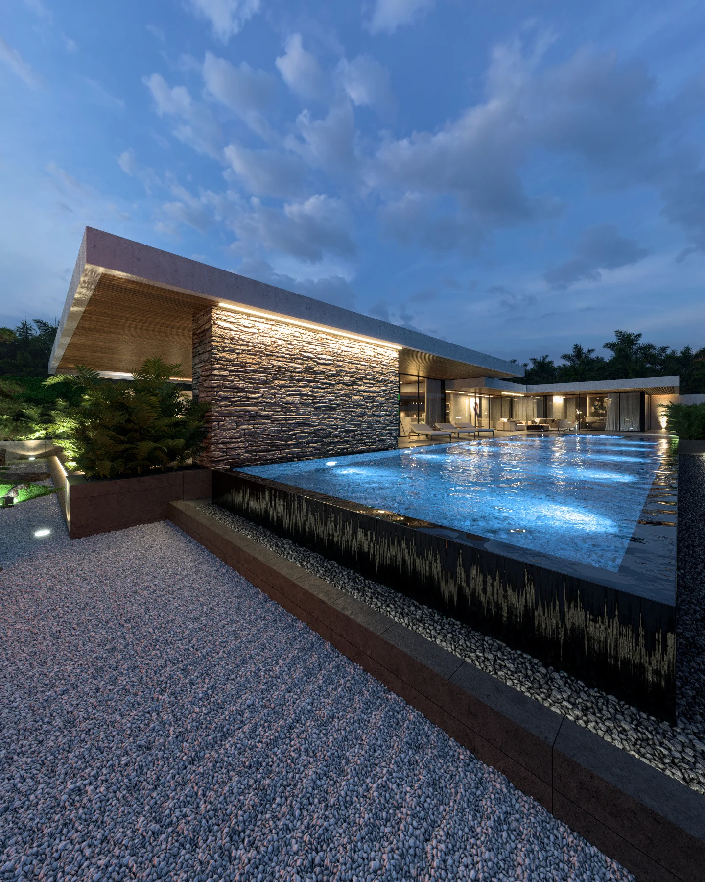 Single story house in Thailand Infinity pool night